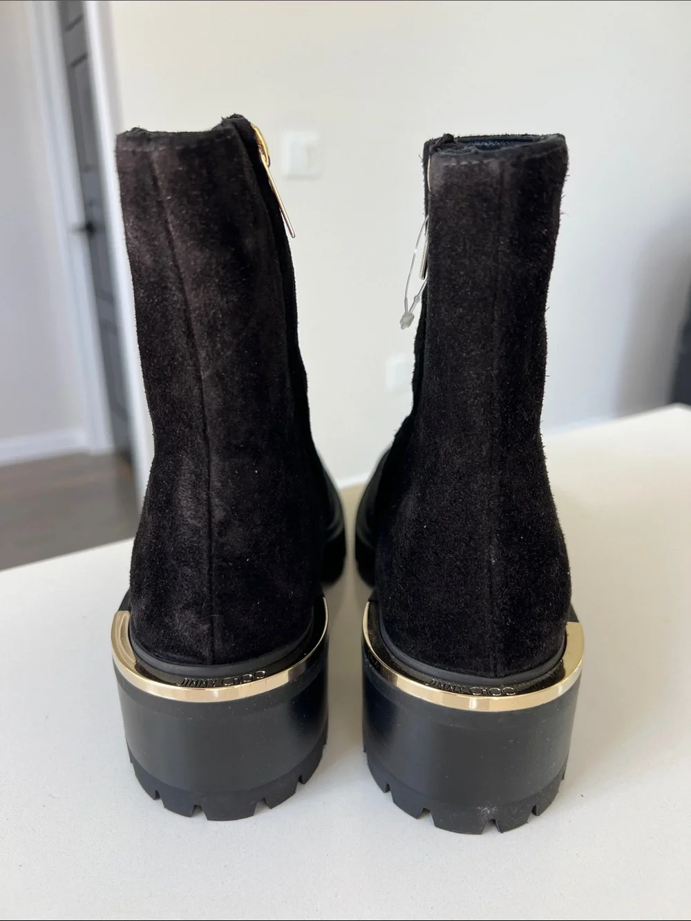 Jimmy Choo melodie 35 35.5 black velvet suede leather lug booties ankle boots